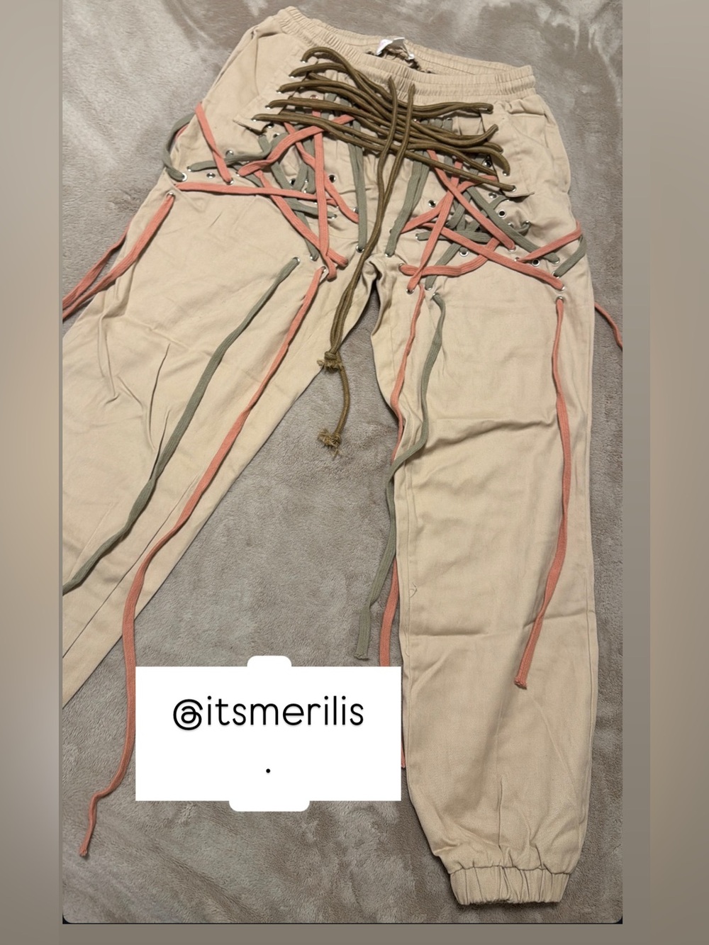Women’s Lace-Up Track Joggers in Beige with Pink & Olive Trim